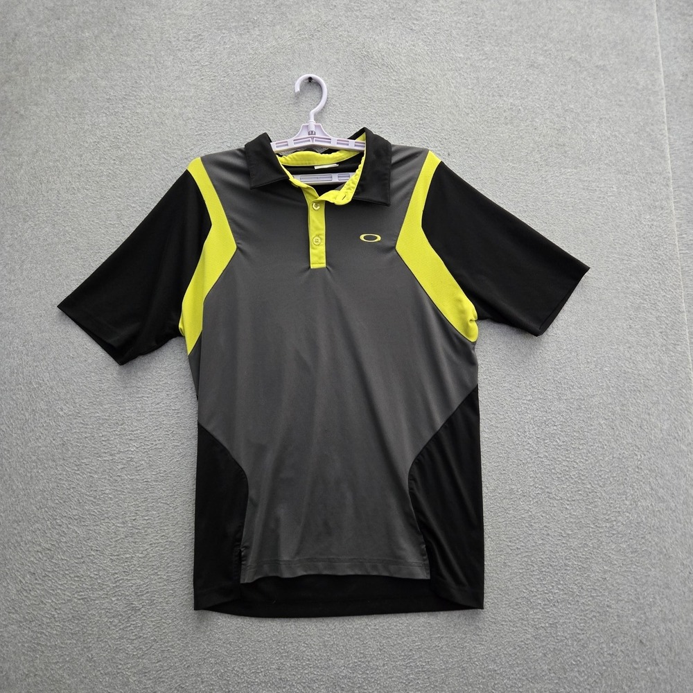 Oakley Men Polo M Gray Colorblock Activewear Y2K Logo Short Sleeve